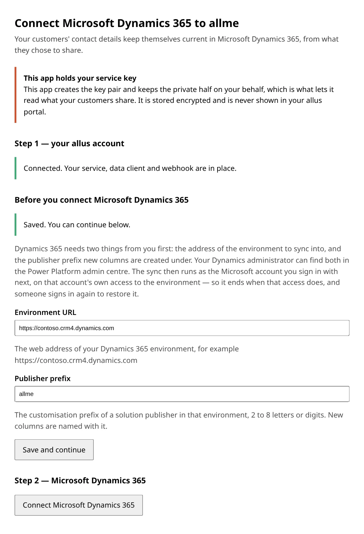 The Dynamics 365 setup page showing the environment and publisher-prefix step, filled in and saved, with the Connect button enabled.