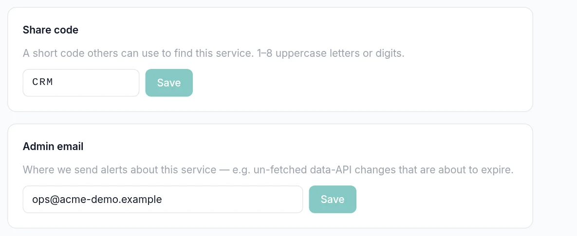 Portal → Configuration → Services → service → Overview tab → Admin email