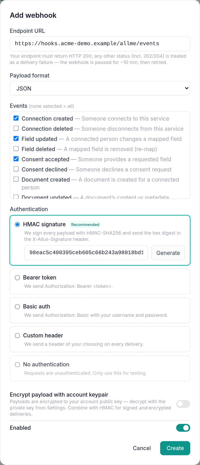 Portal → Configuration → Services → service → Webhooks tab